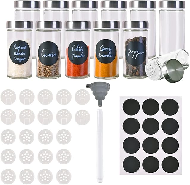 Miorkly 12 Round Glass Spice Jars Set-Spice Jars with Airtight Lids 100ml-Glass Food Storage Jars Containers-Spice Containers Spice Bottles-Cooking Empty Spice Jars Set with Round Spice Labels