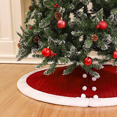 Wbhome Christmas Tree Skirt, 48 Inch Double-Layer Cable Knit Knitted Thick Rustic Holiday Decoration, Christmas Red With Snow White Plush #TOP13