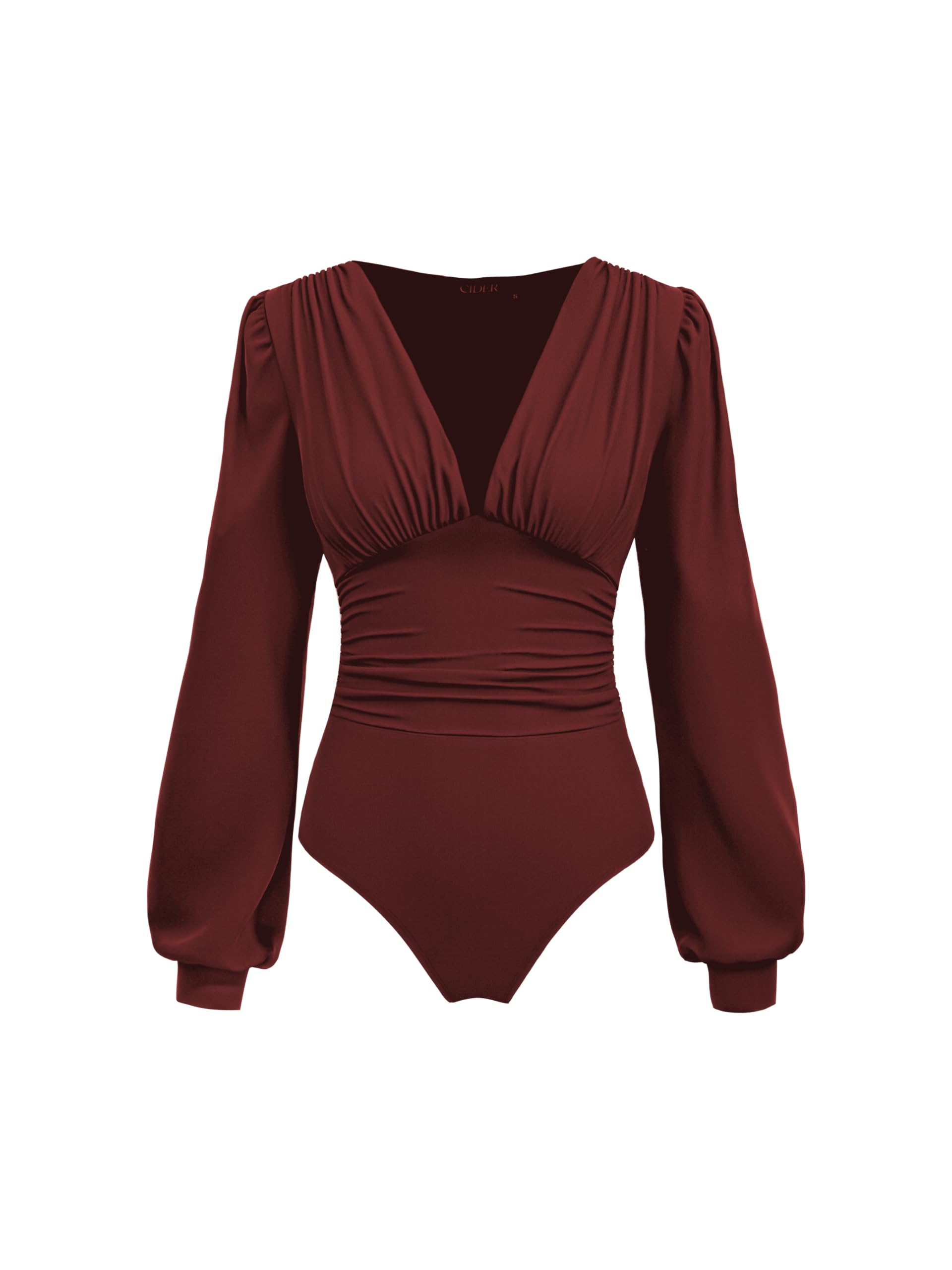cider Long Sleeve Body Suits Womens V Neck Bodysuits Ruched Pleated Corset Bodysuit Leotard Trendy-picture-30