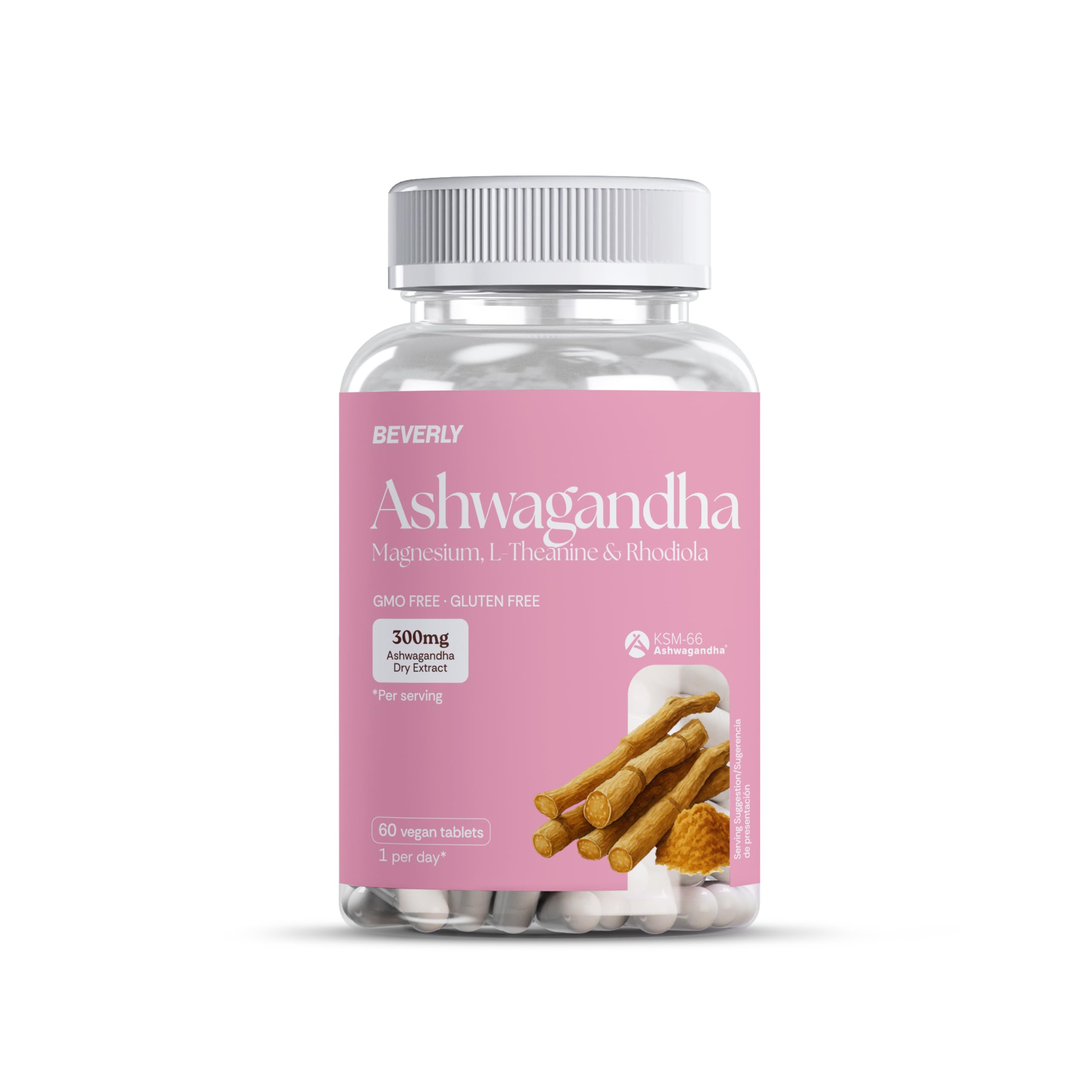 Ashwagandha KSM-66 para Mujer 300mg | Reduce Estrés y Cortisol | Energía, Equilibrio Hormonal y Concentración | Con Magnesio, Rhodiola y Té Verde | 60 Cápsulas Veganas