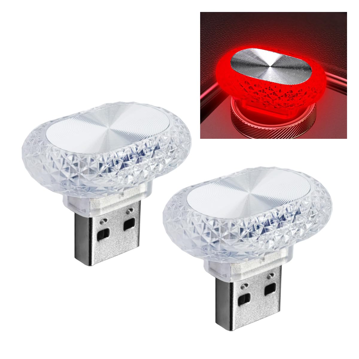 2PCS USB LED Car Interior Night Light, Crystal Mini Decoration Neno Ambient Light Car Interior Atmosphere Lamp, Plug-in USB Interface Auto Trunk