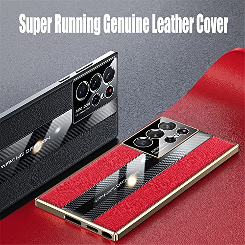 For Samsung S21 Ultra Luxury Tpu Soft Bumper Carbon Fiber & Genuine Leather Back Cover Compatible With Samsung Galaxy S21 Ultra 6.8" Inch Case Camera Protection Shockproof Phone Case (Red) #TOP1