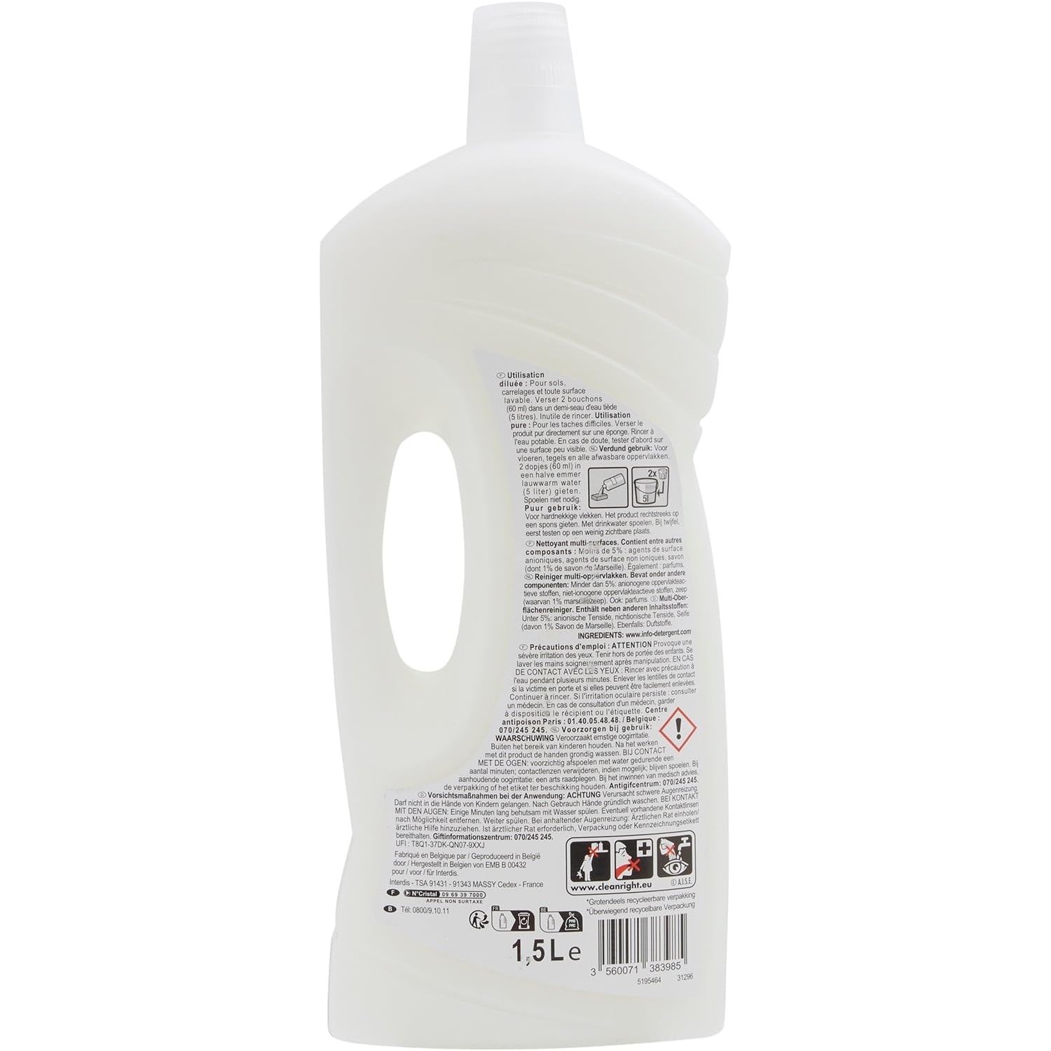 Nettoyage efficace et dégraissage sans effort au savon de Marseille — CARREFOUR ESSENTIAL, nettoyant ménager multi-surfaces, format familial 1,5l - Lot de 4
