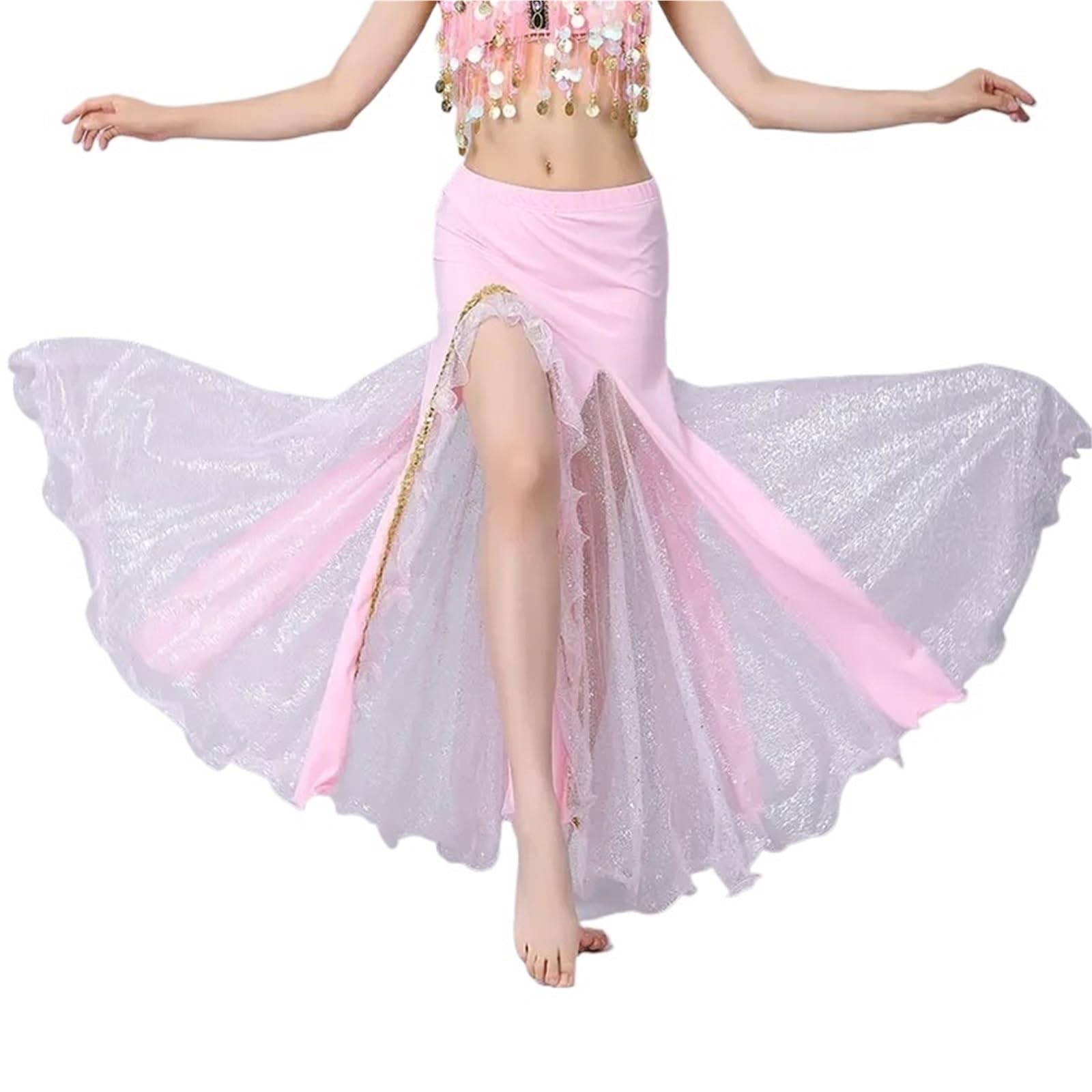 TRRYUIP Belly Dance Skirt Women Sparkly Spilt Belly Dance Skirt Lady Ballroom Long Performance Stage Costume Oriental Dancing Practice Dress(Pink)
