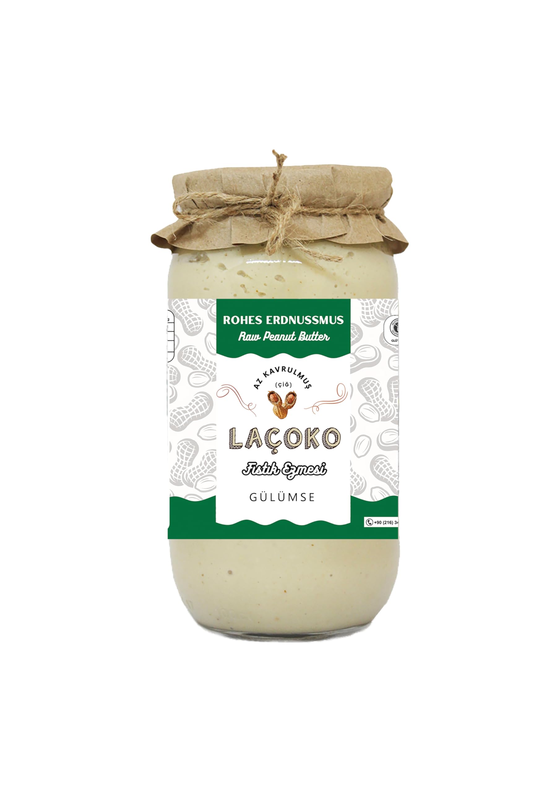 LAÇOKO 1 KG Şekersiz, Katkısız, Glutensiz, Vegan, Doğal Az Kavrulmuş (ÇİĞ) Yer Fıstığı Ezmesi (1 KG)