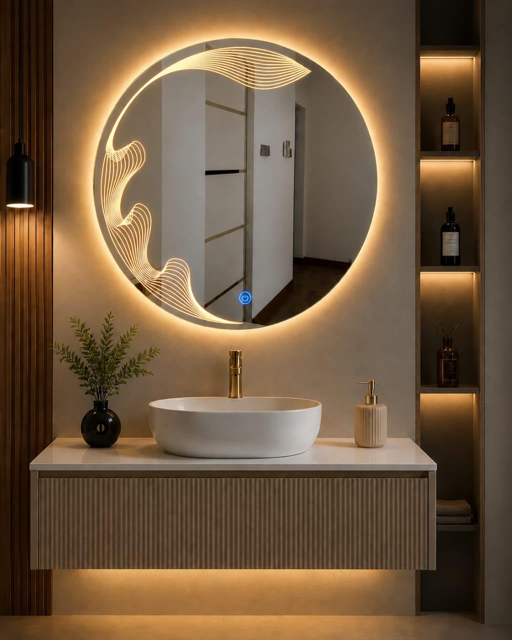 Bathroom Lighted Mirror with Touch Sensor, 20 Inch | Touch Sensor Control, Dimmable Warm Light, Shockproof Sensor, Wave Art Engraving, Easy Installation-image-38