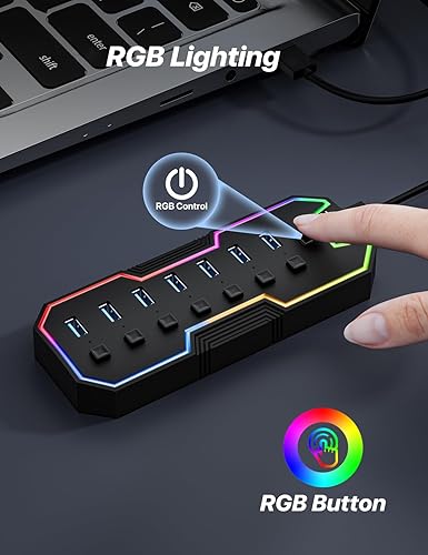 Miniatura 3 de ZIUMIER Hub USB 3.0, expansor USB de 7 puertos con tira LED RGB, concentrador USB para laptop, interruptores LED individuales de encendidoapagado