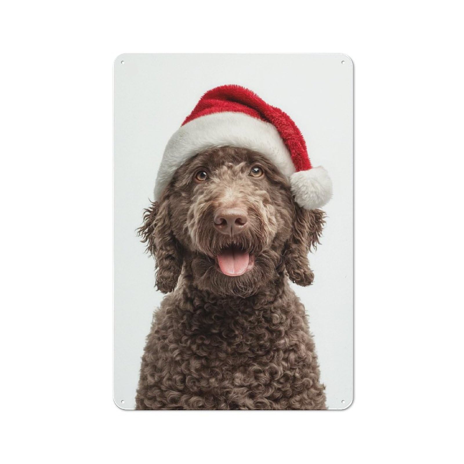 Junmoney Spanish Water Dog With Santa Hat Printed Metal Sign 30X20cm For Café Or Restaurant, New-Space Wall Decor For Café Owners And Decorators