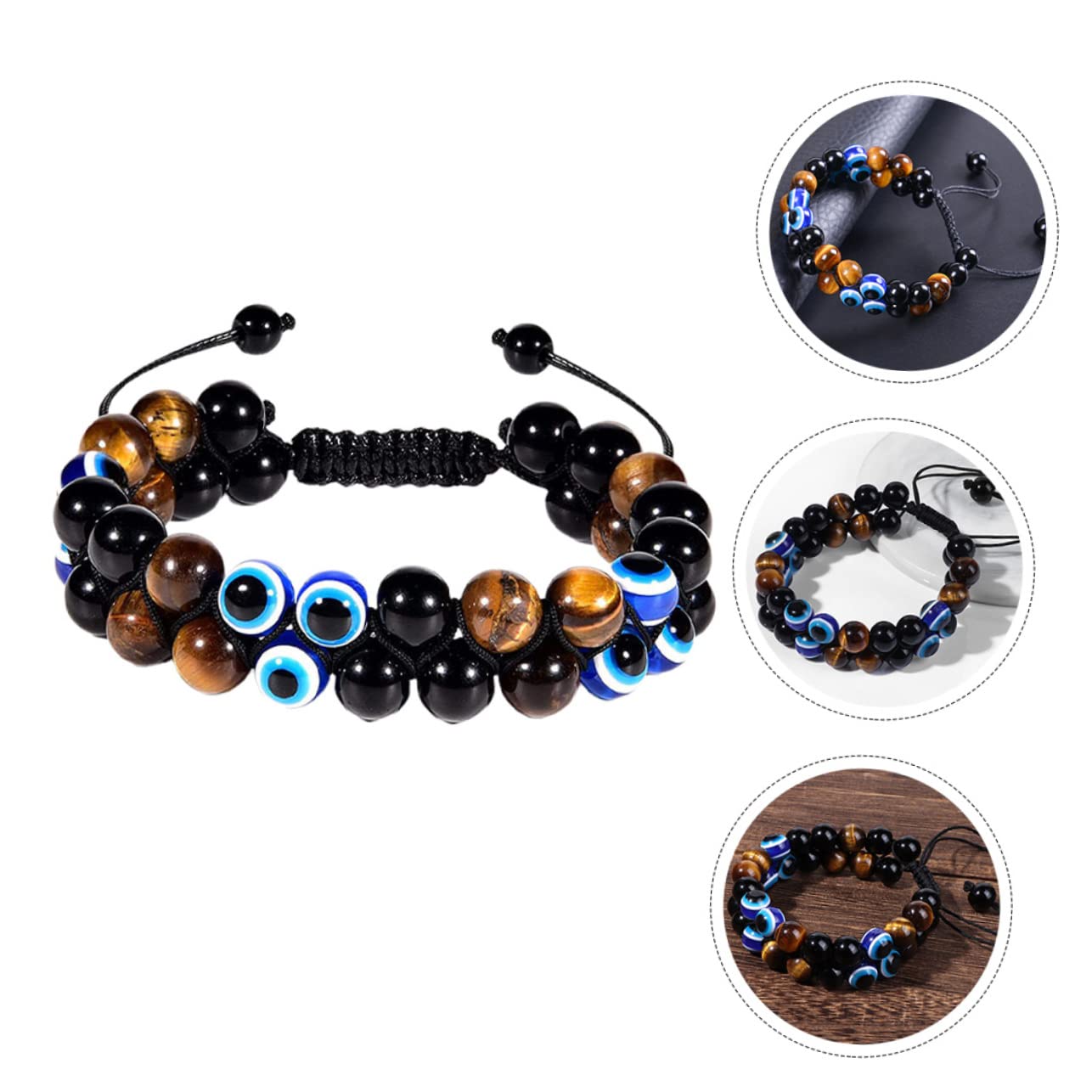 Didiseaon 2 Piezas Pulsera De Ojo De Mal De Ojo Para Yoga Pulsera Triple Pulsera De Obsidiana Mal De Ojo Pulseras De Tigre Para Hombres Yoga Joyería De Mano Doble Capa Hombres Y