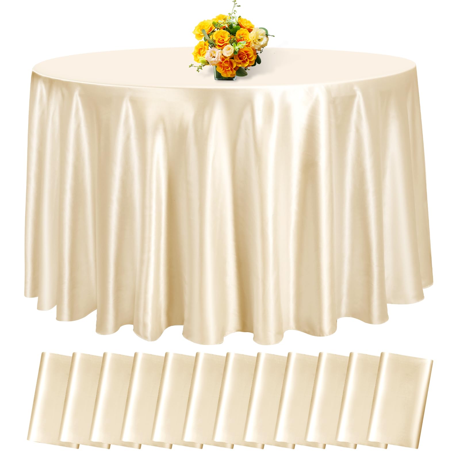 fani 12 Pack 120 Inch Champagne Satin Tablecloth - Premium Bright Silky Round Tablecloth Overlay Smooth Fabric Table Cover, Table Decoration for