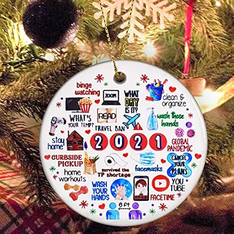 JSJOY 2021 Christmas Ornaments Round Ceramic Two-Side Printed 2021 A Year to Remember Ornament Christmas Tree Decor for Home Decor Cover