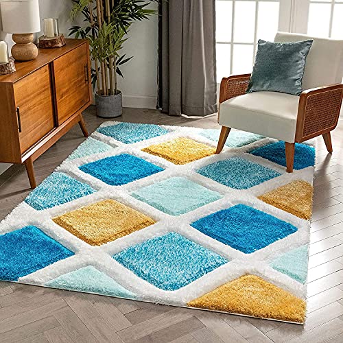 Image of SWEET HOMES Super Ultra Soft 3D Shaggy Handcrafted Anti-Skid Silk Touch Rectangular Carpet, Size 3X5 Feet, Colour, Green /Yellow