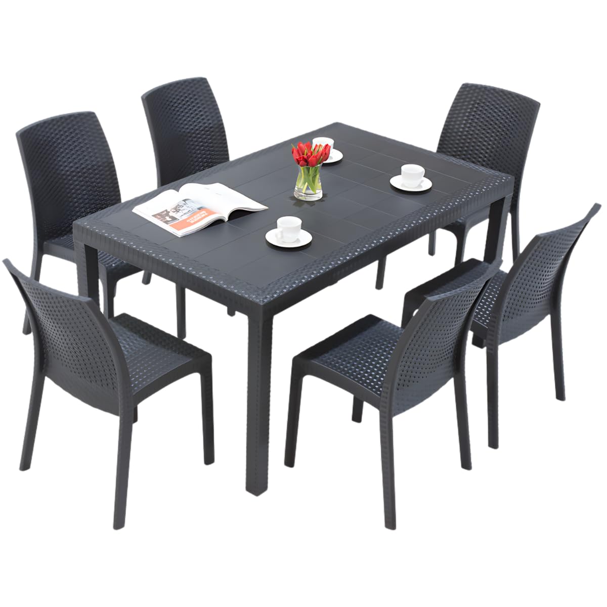 Tomaino - Juego de mesa y 6 sillas de jardín apilables de plástico - Silla y mesa para exterior - Juego de comedor de 6 plazas polipropileno efecto ratán - 150 x 90 x 74 cm - Para balcón, terraza