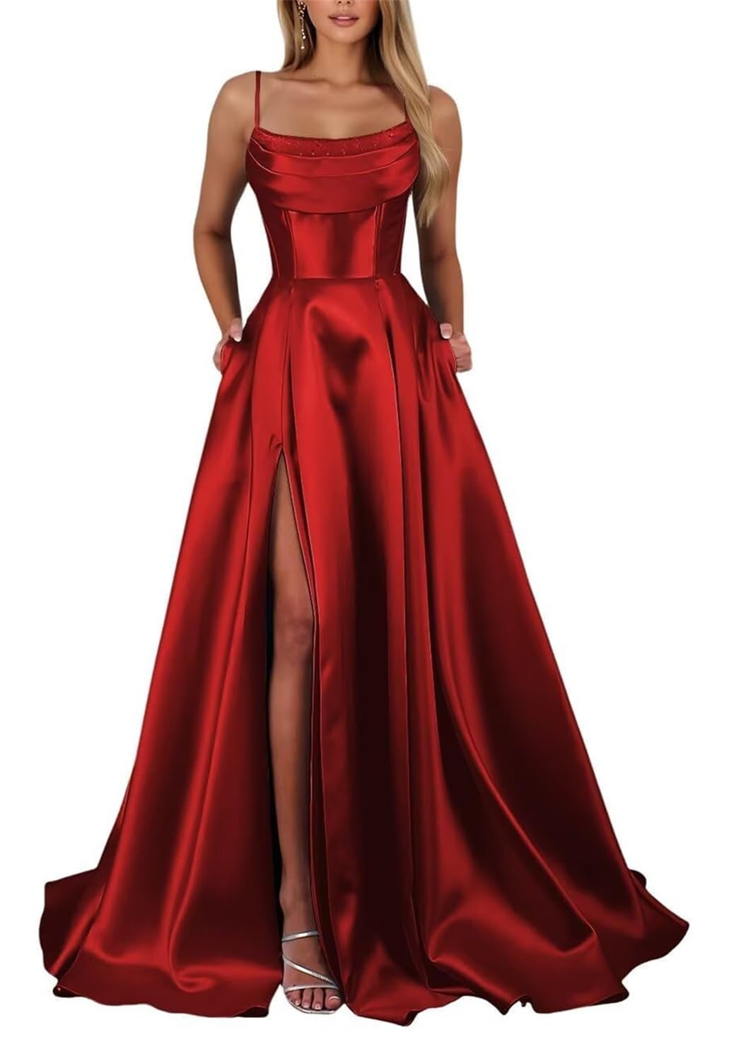 KIYNE Red Satin Prom Dresses with Slit for Women Sleeveless A Line Ball Gown Corset Formal Evening Dress UK6