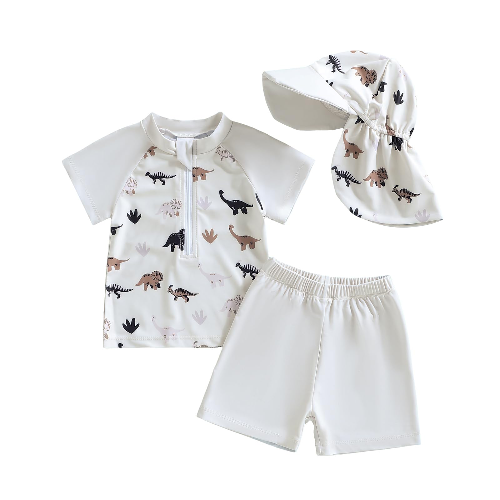 Garçon Maillot de Bain à Manches Courtes et Fermeture Eclair et Bonnet Ensemble Garçon Maillot de Bain à Manches Courtes Imprimé pour Eclair + Pantalon + Chapeau
