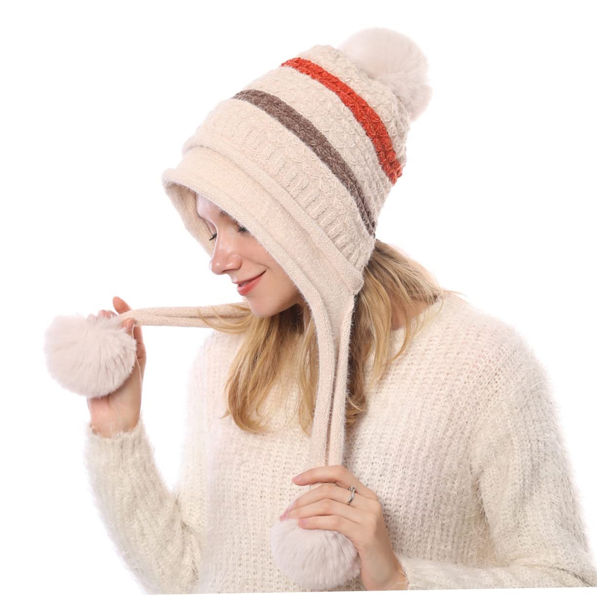SHERCHPRY 3pièces Bonnet Laine pour Femmes Chapeau Hiver Chaud avec Pompons pour Ski Et Activités Extérieures Beige