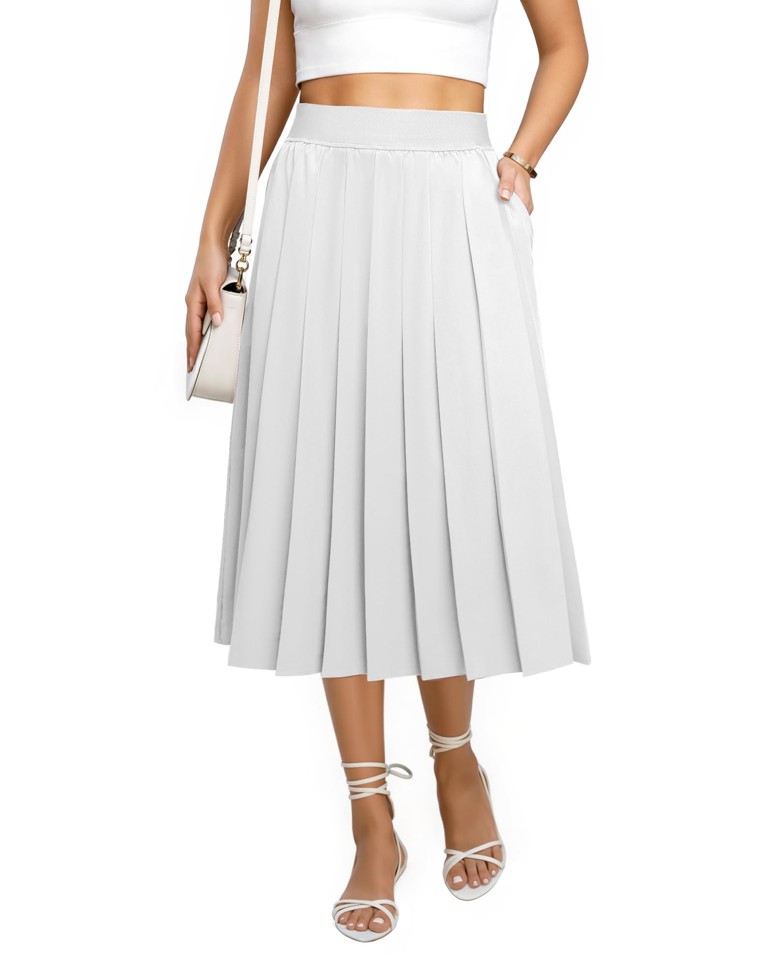 Pleated Skirts for Women with Pockets Elastic High Waisted Flowy Midi Skirt A Line Fall Long Skirts Work