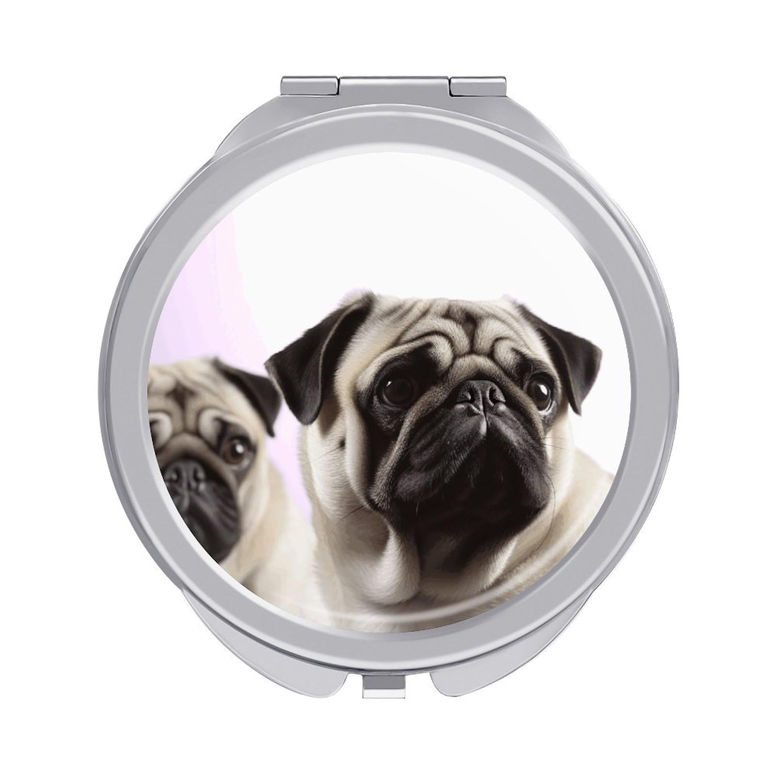 LZQPOEAS Pug Dog Compact Mirror, Double-Sided Folding Makeup Mirror, Durable Metal Travel Pocket Mirror for Purse, Portable Round Touch-Up Mirror for Table Gifts and Everyday Use
