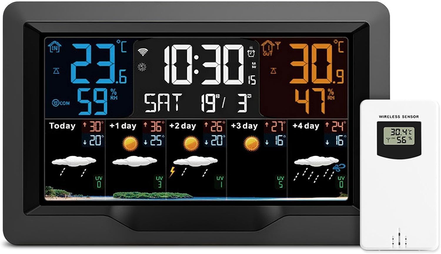 Smart Weather Station Clock with Atomic Time, Indoor/Outdoor Wireless Temperature & Humidity Monitor, Barometer, Large Display, Adjustable Backlight, USB Charging, Forecast Alerts