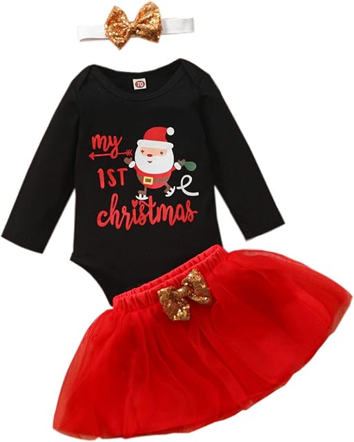 Conjunto de 3 a 18 meses de saia para bebês meninas com desenho animado body + saia de tule com laço + faixa de cabeça conjunto de 3 peças para o meu primeiro Natal