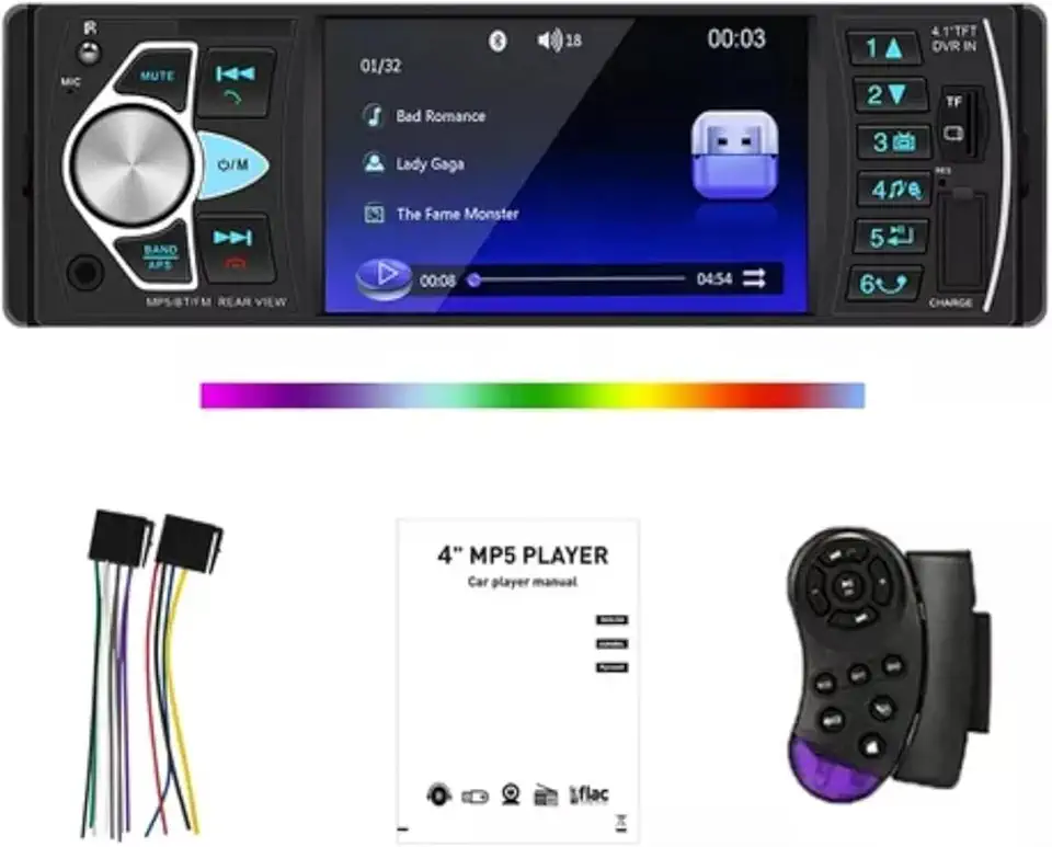 Som Automotivo Bluetooth,Tela HD de 4.1 Polegadas, Controle no Volante e Conexão para Subwoofer - Ideal para Segurança e Entretenimento em Viagens