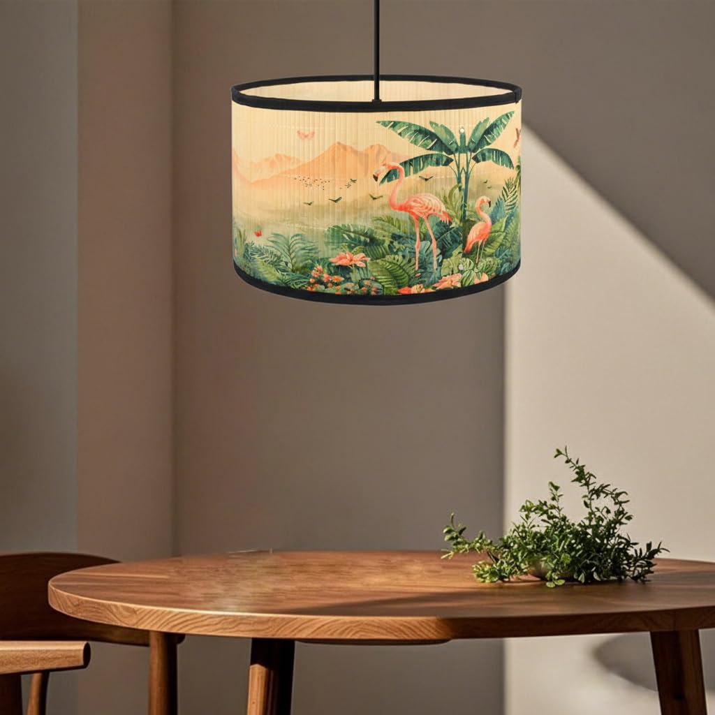 Kinhwa Modern Round Ceiling Lampshade, Easy Fit Pendant & Table Lamp Shade, Tropical Drum Lamp Shade for Living Room,Bedroom,Hallway,Home Decor (Flamingo, 30x30x20cm)