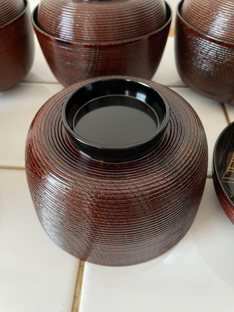 新品5客セット栄斉 木製 蓋付き 吸物椀 煮物椀金彩 糸目筋 沈金 蒔絵漆器お椀 漆器 蒔絵金彩細工 沈金 木製 蓋付椀 5点揃 お煮物椀 吸物