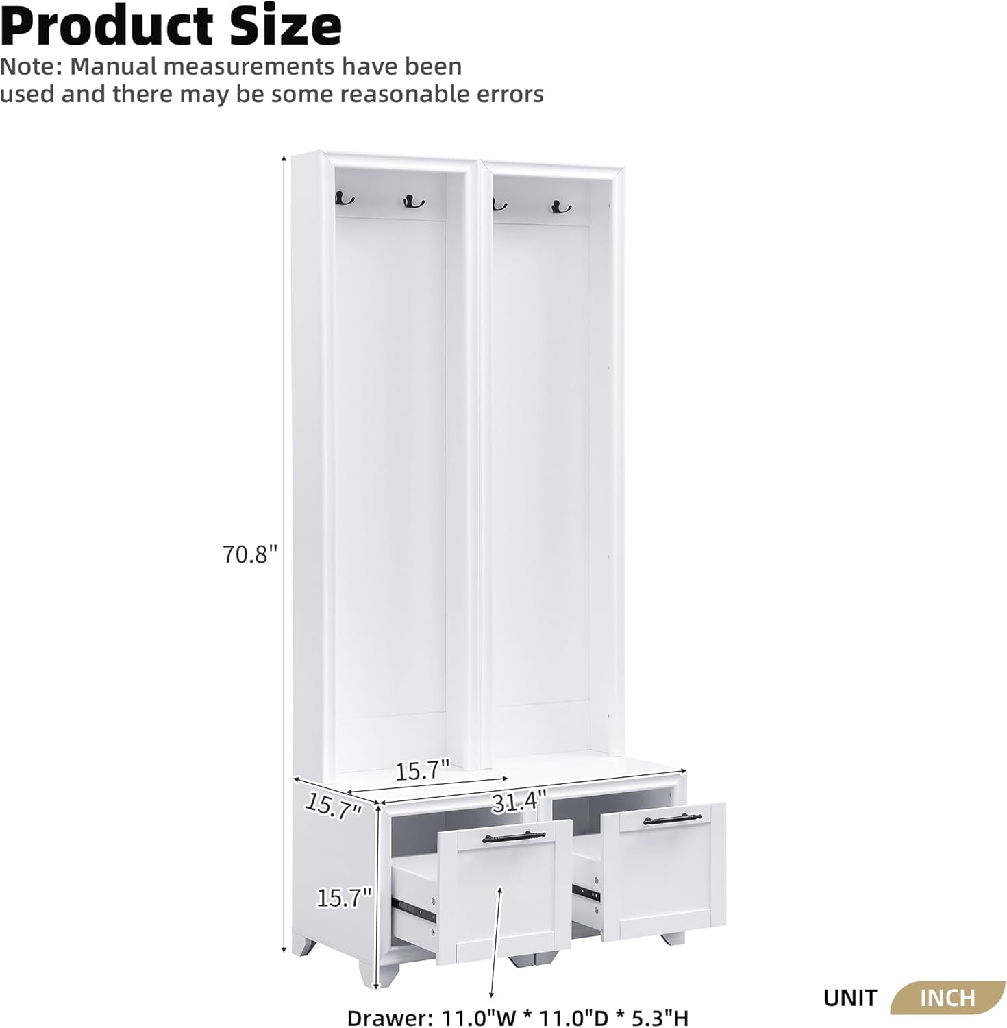 Merax Farmhouse Wood Hall Tree with Shoe Bench and 2 Drawers, 3-in-1 Coat Rack with 4 Hooks for Entrance, Hallway, Mudroom, Easy Assemble, White