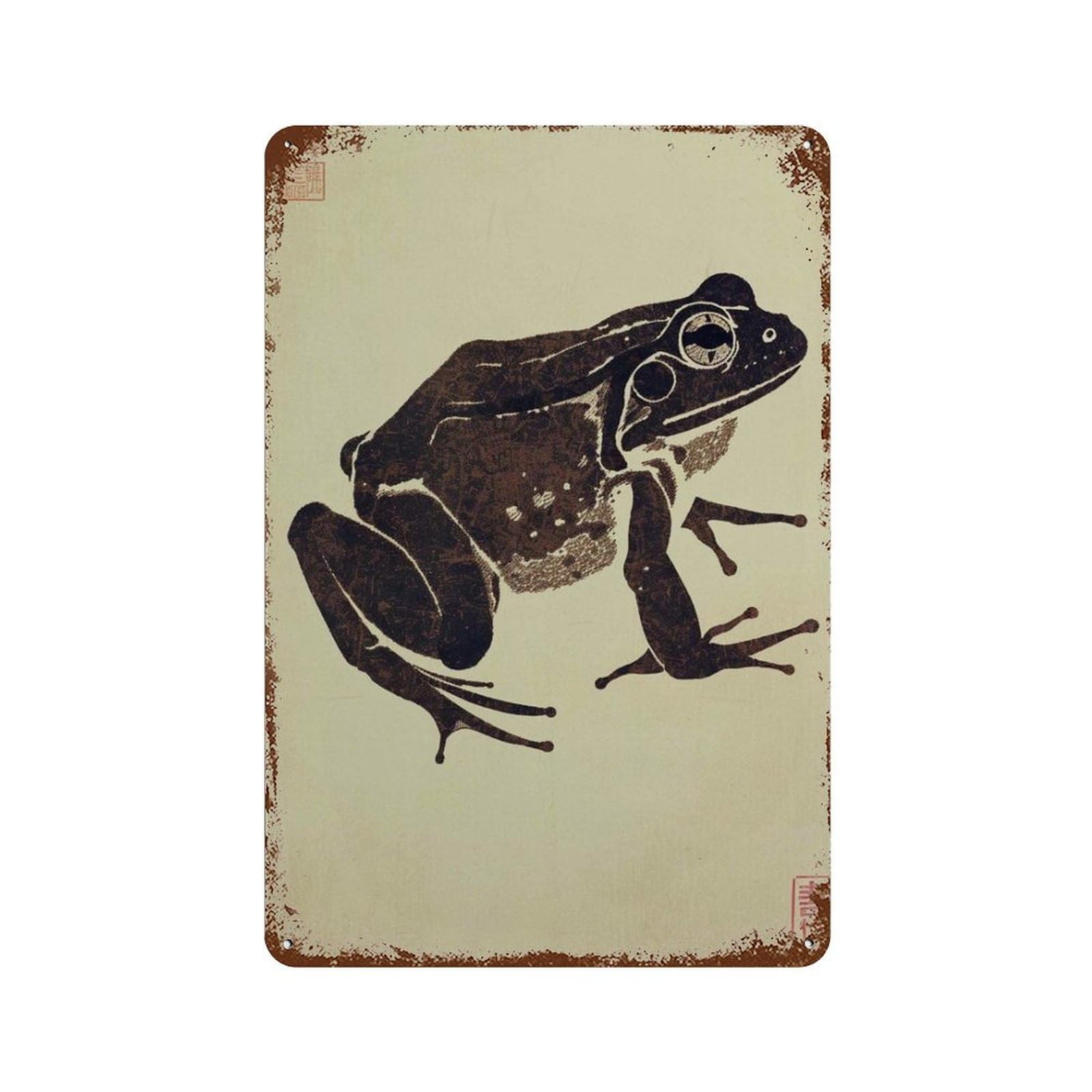 xiaoxiaoshen Japanese Frog Woodblock Style Zen Animal Wabi Sabi Minimalist Wall Decor Art Metal Tin Poster Modern Home Decor Art Home Bar Shop Decorations Vintage Sign 30x20cm