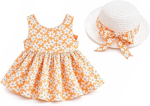 Bold N Elegant Baby-Girl's Summer Sleeveless Cotton Floral Heart Print Princess Midi Dress Frock Tutu with Hat for Girls