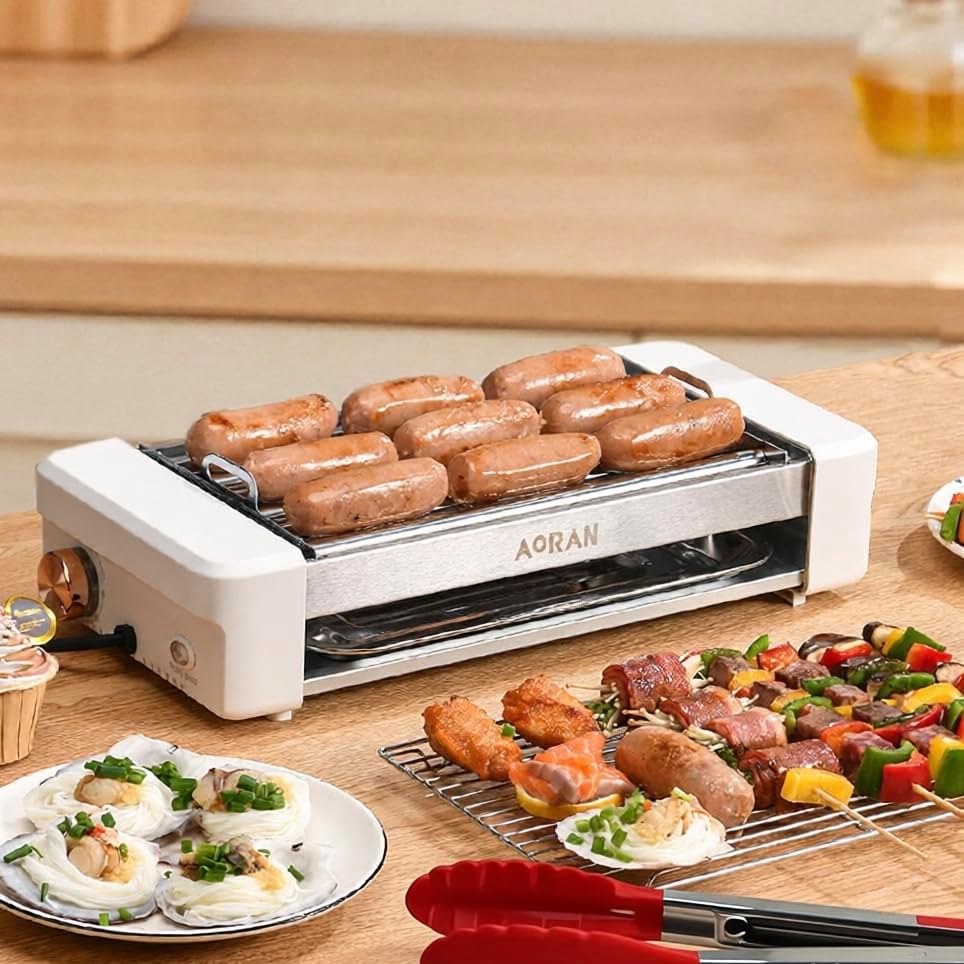 Electric Grill Pan with Indicator Lights & Sausage Rack – Perfect for Family Breakfast, BBQ, and Holiday Cooking