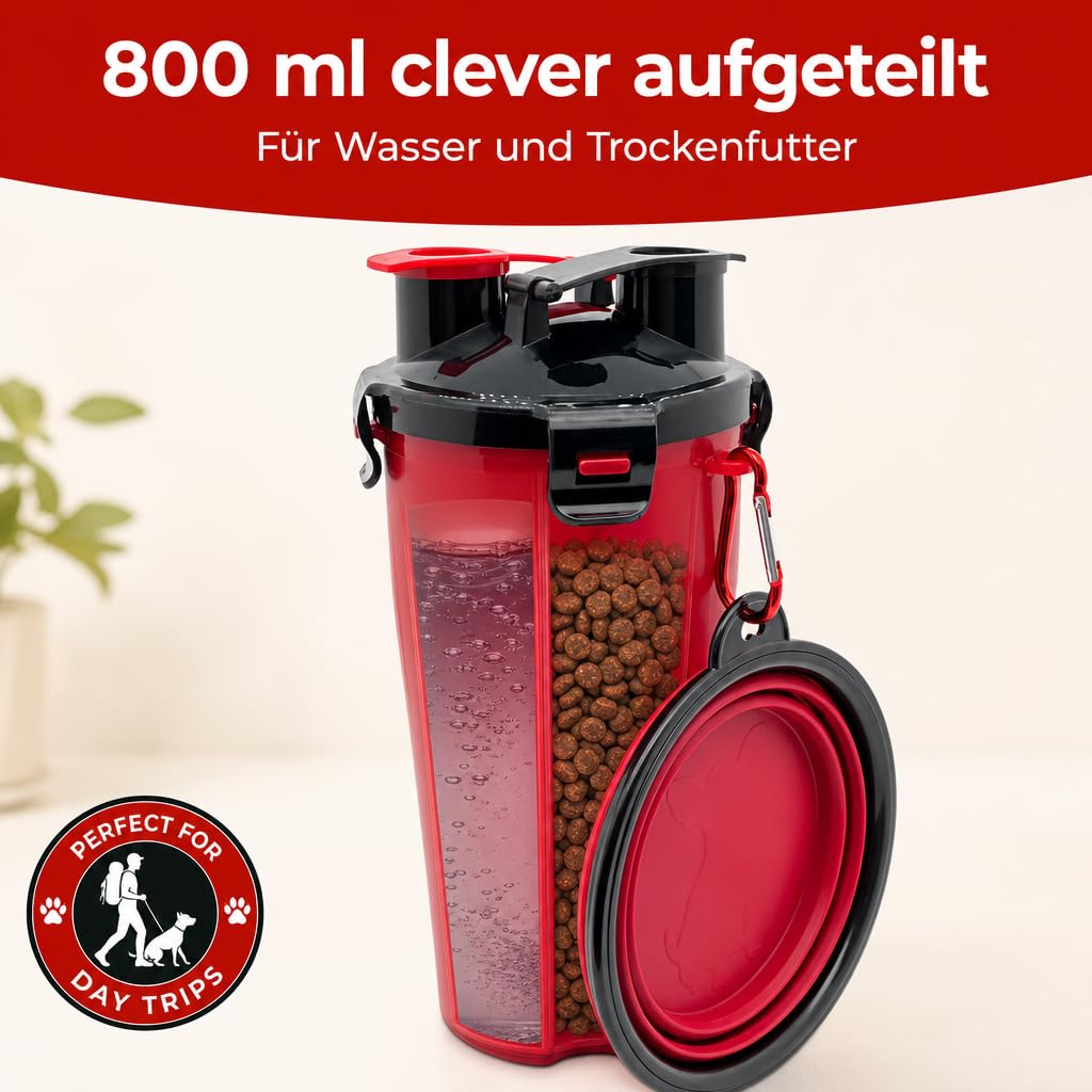 Contenitore per cani da viaggio, con 2 camere separate per acqua e cibo secco e ciotola pieghevole in silicone, 800 ml, portatile (rosso)