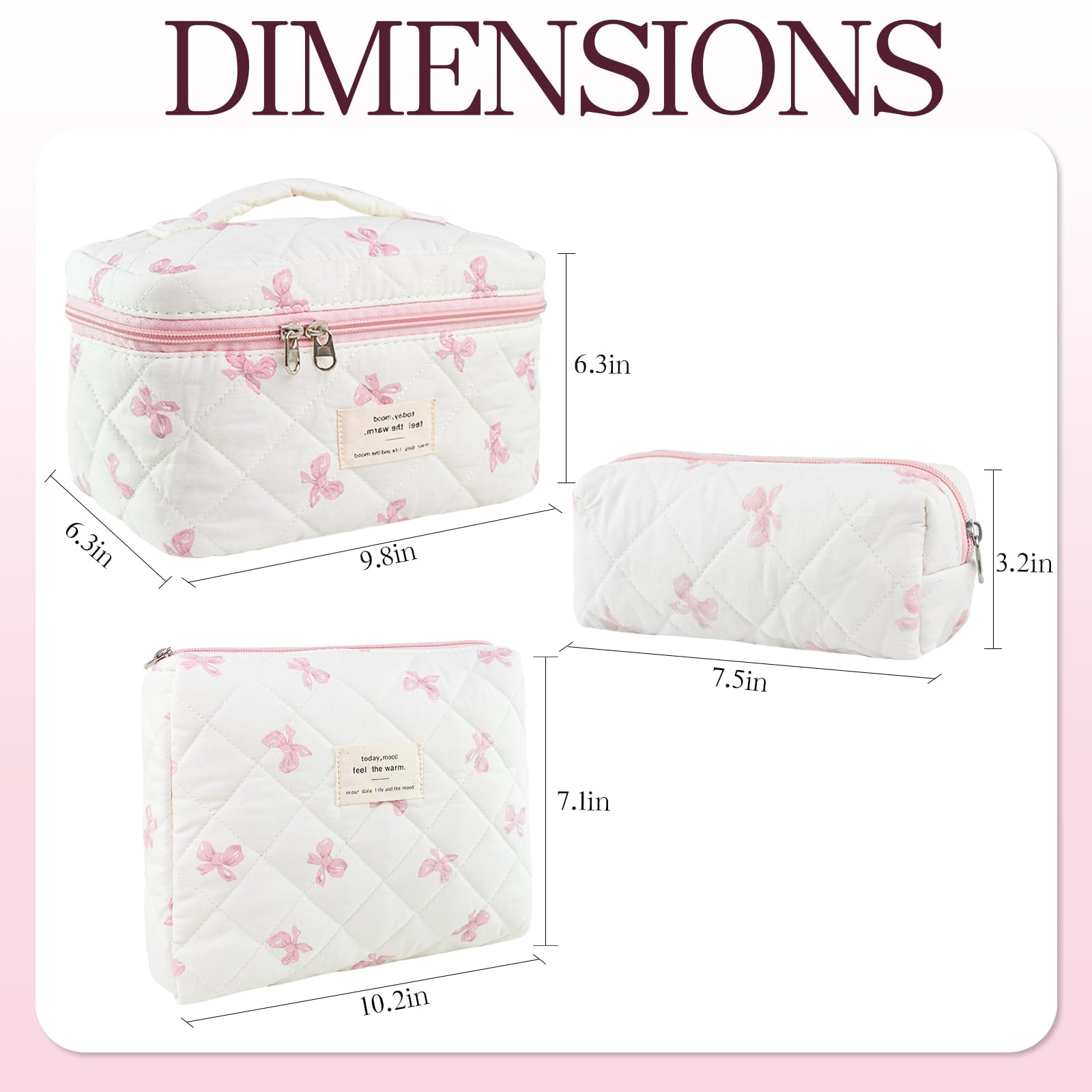 YRWE 3Pcs Quilted Makeup Bag Set, Cute Floral Cotton Cosmetic Bag, Coquette Bow Make up Bag Large Travel Toiletry Bag - Image 4