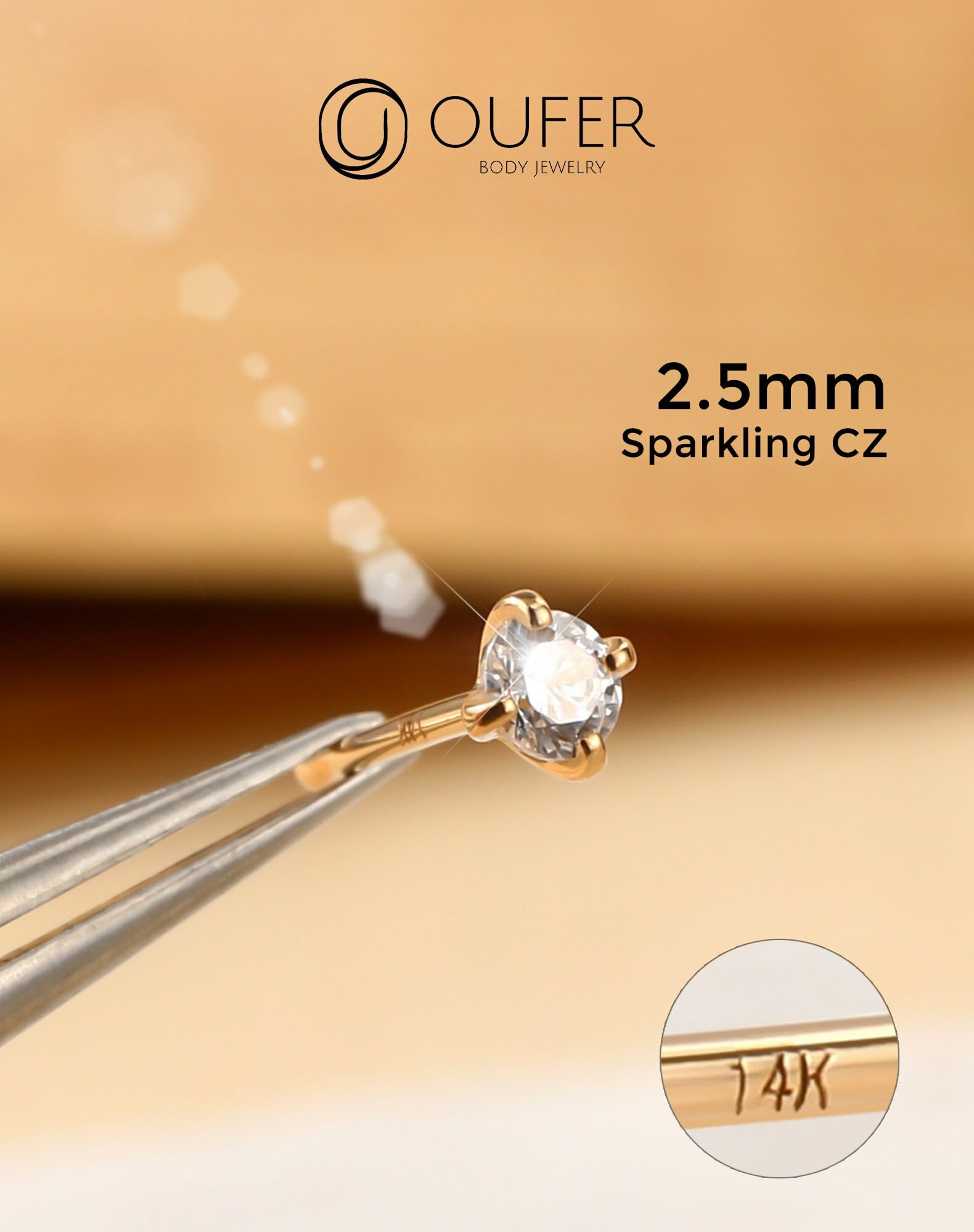 OUFER Body Piercing Nasenpiercing Nose Stud 14K Gold Nose Bar Clear 1.5/2/2.5/3mm CZ Nose Rings Bone Studs 22G Nostril Piercings Tiny Nose Piercing Jewelry for Women Men