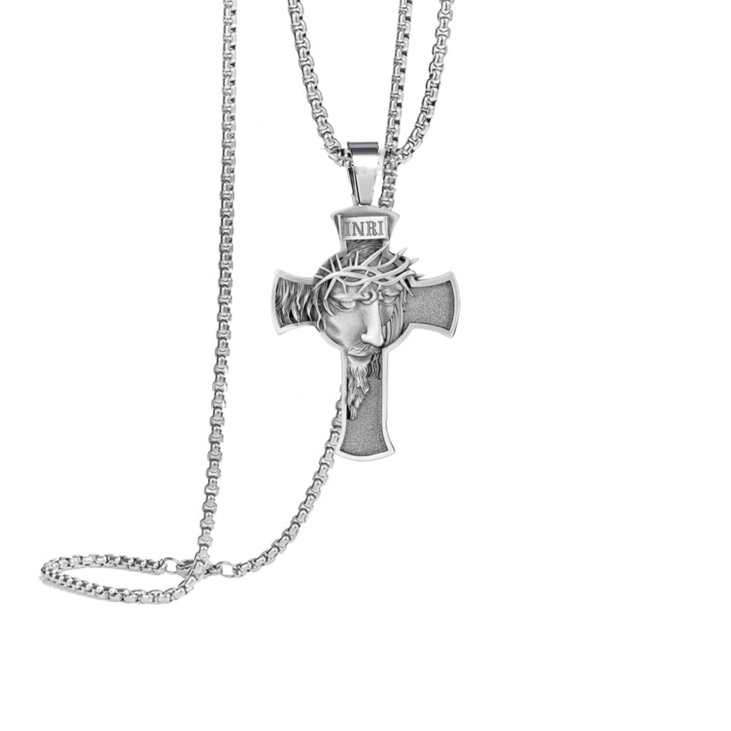 Metal Silver Plated Biker Antique Religious Jesus Cross Bible Prayer 24inches Square Box Chain Pendant Necklace Chain Gift For Men Boys SPnL202501-image-23