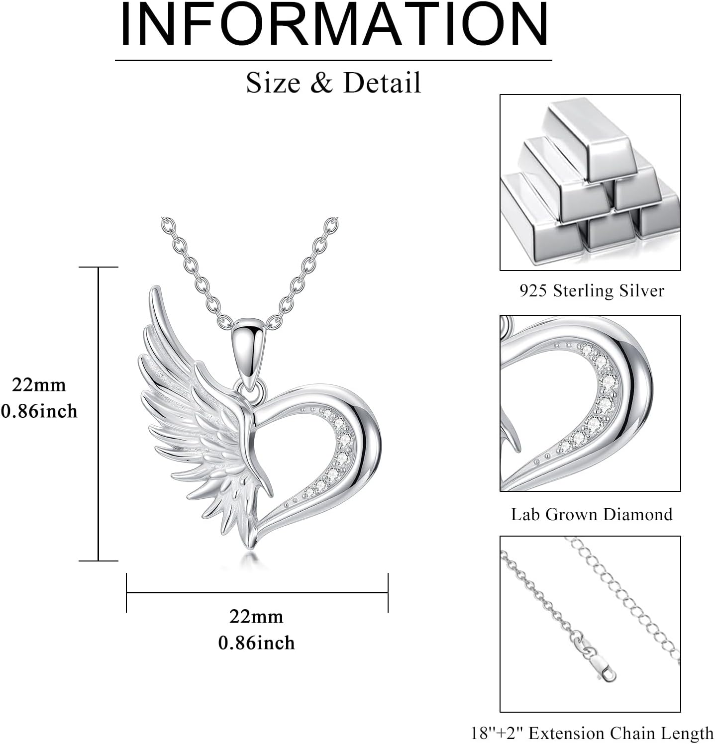 Diamond Angel Wings Necklace 925 Sterling Silver Heart Angel Wings Pendant Necklace Guardian Jewelry Gifts for Women,18+2 Inch Chain - Image 6