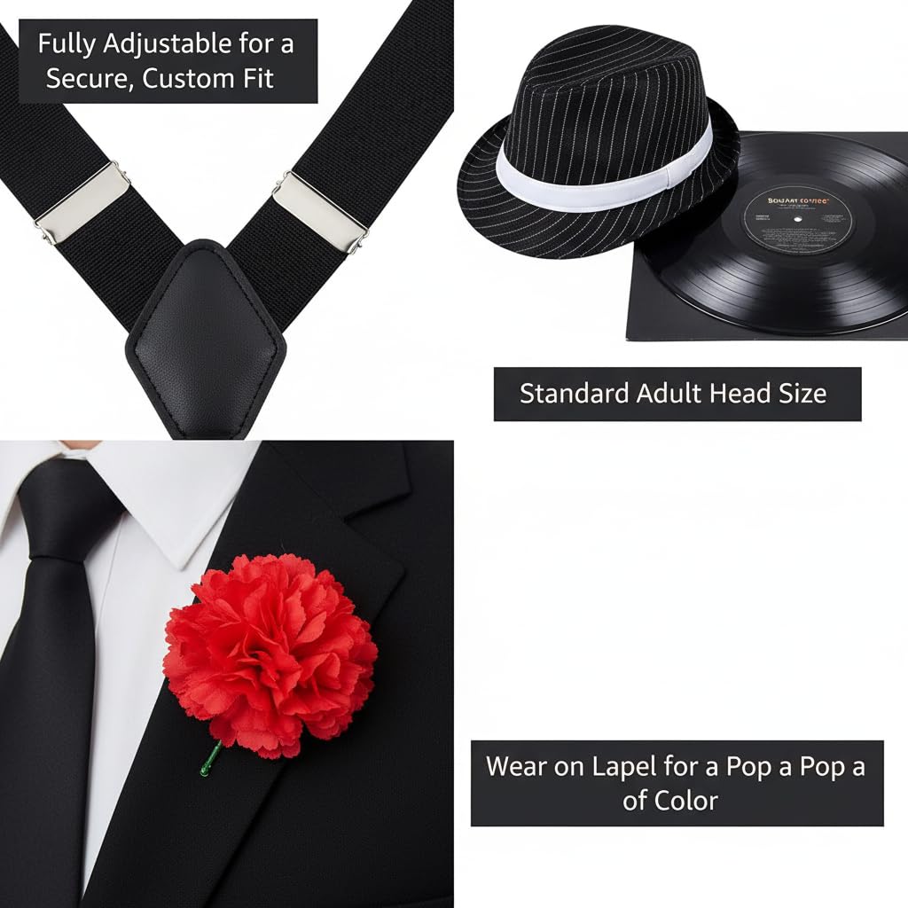 RockParty Gangster Costume Accessory Set 6 Piece 1920s Fancy Dress Kit with Trilby Hat, Tie, Braces, Fake Cigar - Image 4