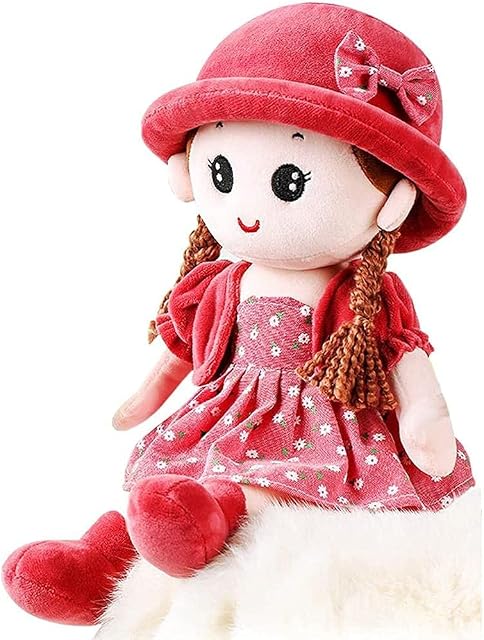 Plush Baby Doll Girl with Clothes,13.8 Plush Stuffed Dress Up Lovely Doll Plush Toy,Plush Stuffed Toy with Hat and Skirt, Sleeping Companion Doll for Girls Birthday Gift (Pink)