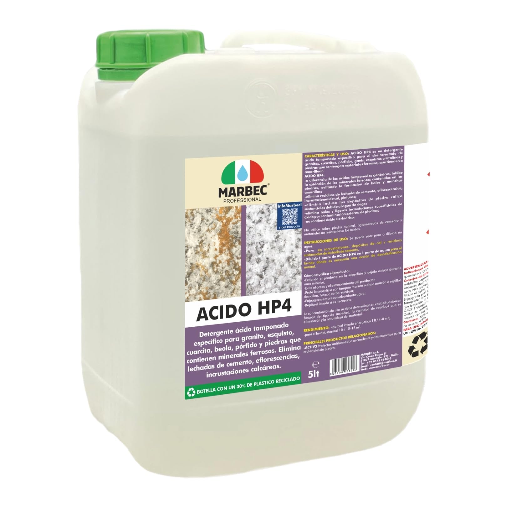 MARBEC ACIDO HP4 5LT Desincrustante específico para suelos de granito, cuarcita, pórfido y piedras con minerales ferrosos.