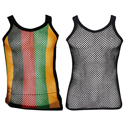Mens Fitted String Mesh Vest Muscle Fishnet Cotton Rasta Black Red Green Yellow, 2 Pack (1 Rasta Stripes, 1 Plain Black), S