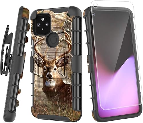 Funda para Google Pixel 5 con protector de pantalla de vidrio templado, resistente a prueba de golpes, funda para cinturón, soporte (negro)