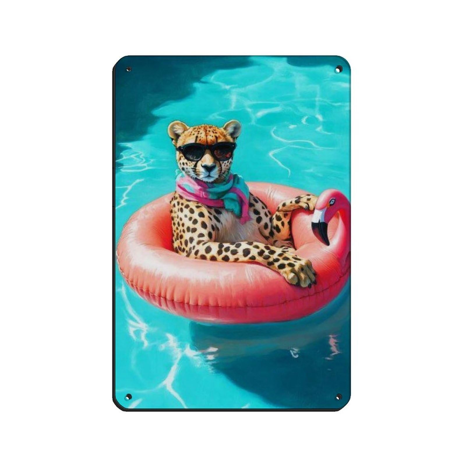 Cool Cheetah Floating on Flamingo Pool Float Tin Sign Vintage Metal Pub Club Cafe Bar Home Wall Art Decoration Poster Retro 8x12inch(20x30cm)