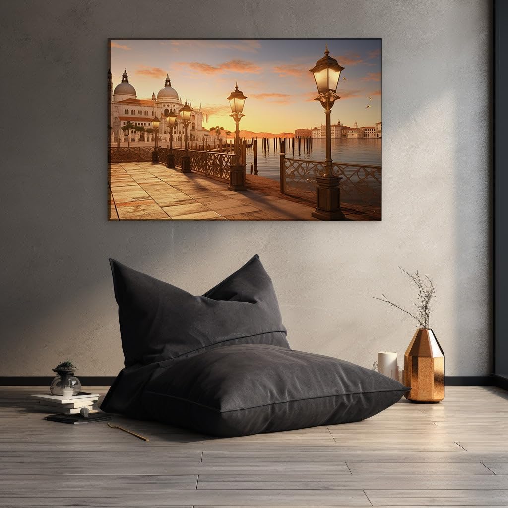 Art Wall: Venetian Waterfront At Dusk, a Symphony of Light and Reflections. Interior Decor, Canvas Art Design, Art Apartment Decoration, Office Arts Design. Size: 69x46 cm (27x18 inch)