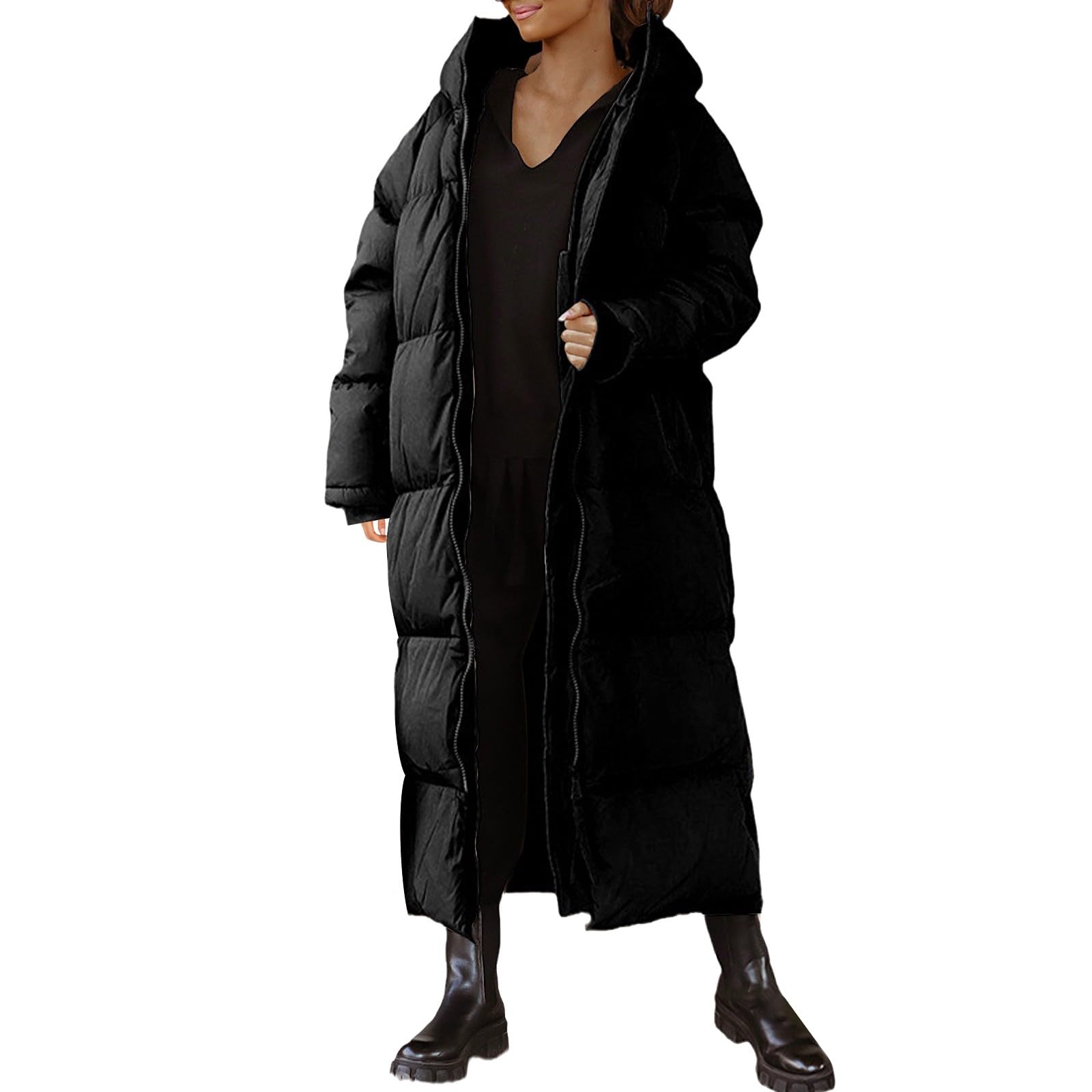 Abrigo de plumas para mujer, largo de invierno, abrigo acolchado cálido, abrigo de invierno, resistente al viento, abrigo acolchado con capucha, chaqueta de invierno de manga larga, parka de invierno
