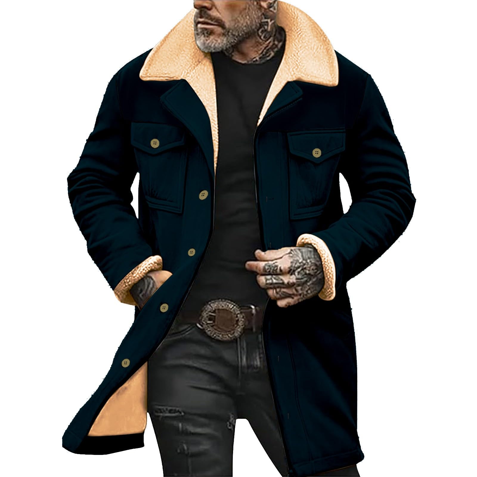 Manteau long en coton Sherpa à revers boutonné pour homme | Cardigan d'hiver épais et chaud multi-poches – Manteau d'extérieur décontracté pour l'extérieur – Vêtement de rue confortable
