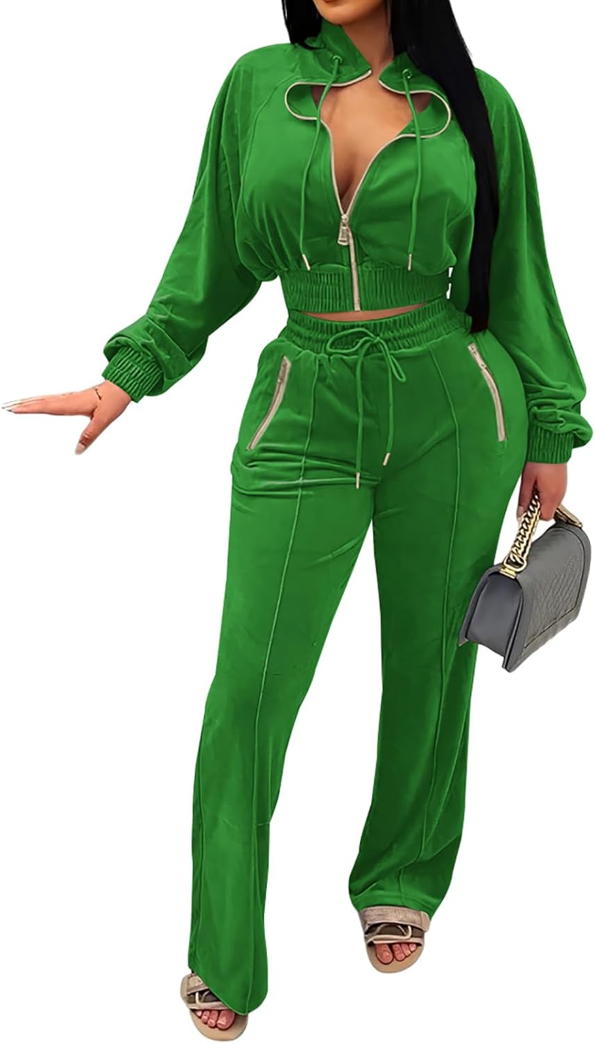 Adogirl Women 2 Piece Outfits Velour Sweatsuit Jogging Suit Full Zipper Sweatshirt + Wide Leg Sweatpants Tracksuit Lounge Set