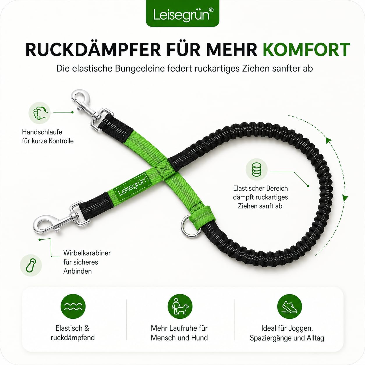Leisegrün Joggingleine große Hunde bis 60 kg mit Bauchgurt & Bungeeleine | Freihand-Hundeleine, verstellbarer Bauchgurt, elastisch & ruckdämpfend, reflektierend – ideal zum Joggen, Wandern, Canicross