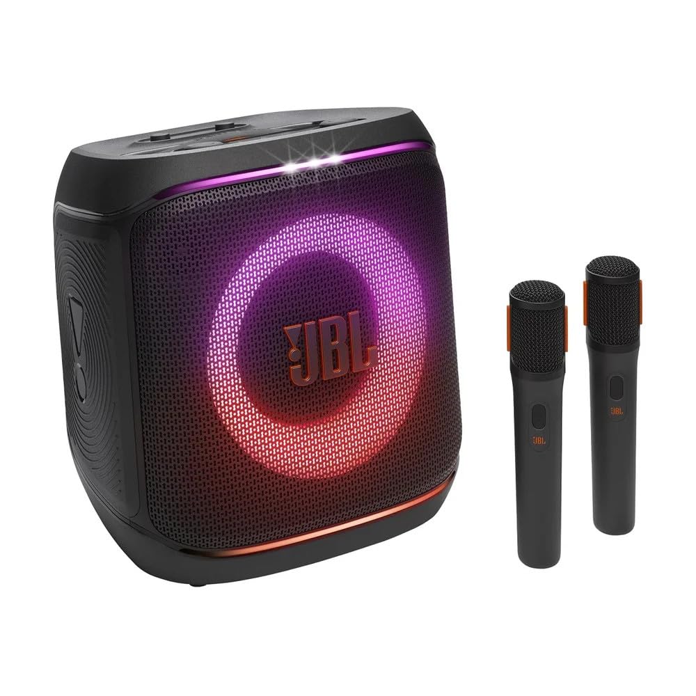 JBL, PartyBox Encore Essential 2 Micrófono Show Luz Bluetooth Portátil a Prueba de Salpicaduras, batería de hasta 15 h, JBL Pro Sound Boost, 100 W RMS