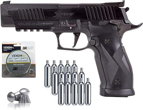 SIG Sauer X-Five Pistola de aire con CO2 0.42oz (paquete de 15) y paquete de 500 pellets de plomo (negro)