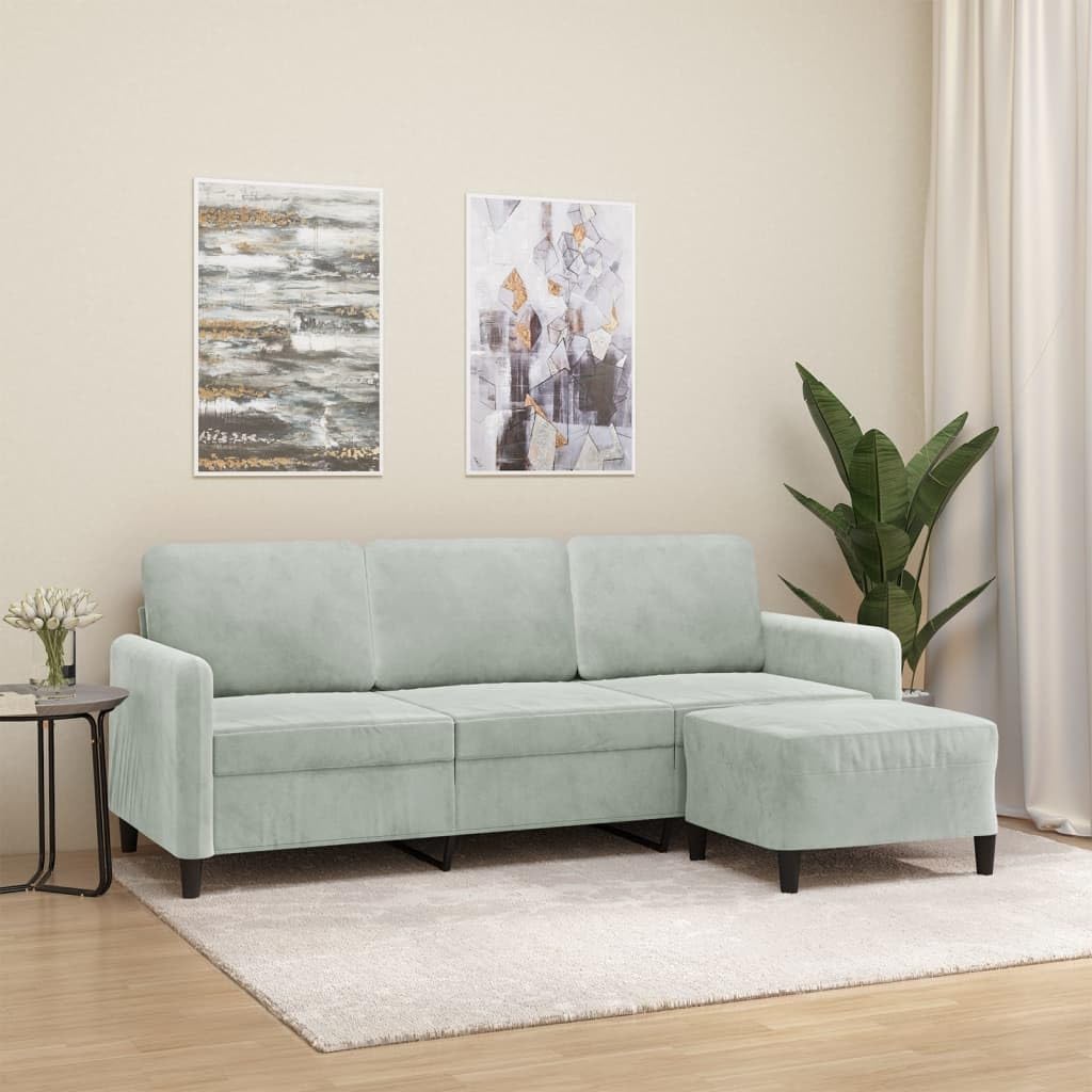 Sofá de 3 plazas con Taburete de Terciopelo Gris Claro 180 cm, Sofa 3 plazas